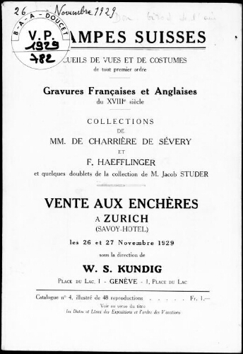 Estampes suisses […], collections de Messieurs de Charrière de Sévery et F. Haefflinger […] : [vente des 26 et 27 novembre 1929]