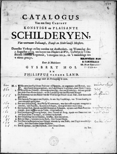 Catalogus van een fraay cabinet Schilderyen, van de voornaamste Italiaansche, Fransche [...] : [vente du 5 août 1739]