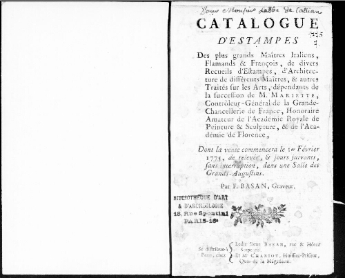 Catalogue d'estampes des plus grands maîtres italiens, flamands et français, de divers recueils d'estampes, d'architecture [...] : [vente du 1 février 1775]