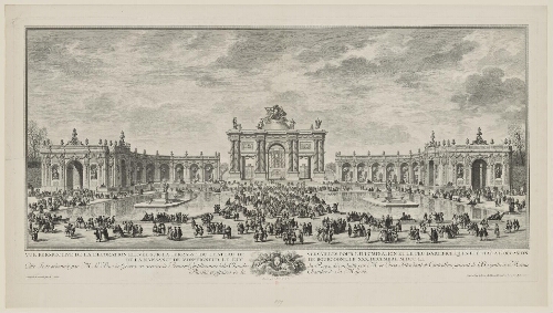 Vue perspective de la décoration élevée sur la terrasse du Château de Versailles pour l'illumination et le feu d’artifice qui a été tiré à l'occasion de la naissance de Monseigneur le duc de Bourgogne, le 30 décembre 1751