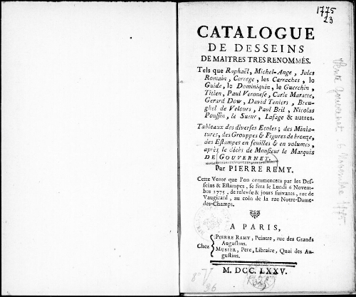 Catalogue de dessins de maîtres très renommés [...] ; Tableaux des diverses écoles, des miniatures, des groupes et figures de bronze [...] : [vente du 6 novembre 1775]