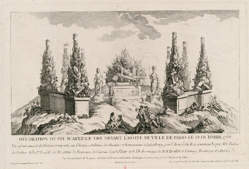 Décoration du feu d'artifice tiré devant l'Hôtel de ville de Paris le 28 octobre 1758 [...]