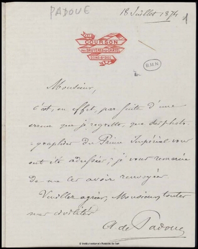 Lettres adressées à Meissonier, classées par ordre alphabétique du nom de l'expéditeur. Lettre P