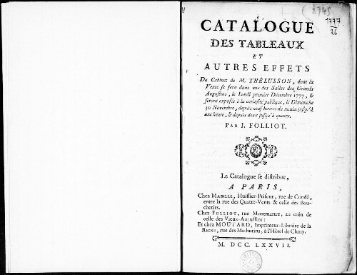 Catalogue des tableaux et autres effets du cabinet de M. Thélusson [...] : [vente du 1er décembre 1777]