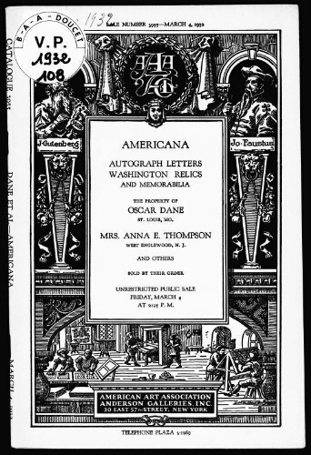 Americana, autograph letters, Washington relics and memorabilia, the property of Oscar Dane [...] : [vente du 4 mars 1932]