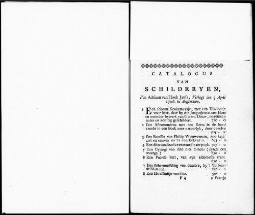 Catalogus van Schilderyen van Adriaen van Hoek Jansz [...] : [vente du 7 avril 1706]