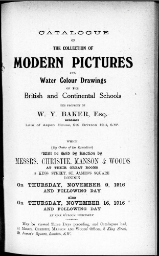 Catalogue of the collection of modern pictures and water colour drawings […] : [vente du 9 novembre 1916]