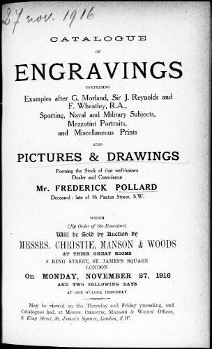 Catalogue of engravings […] : [vente du 27 novembre 1916]