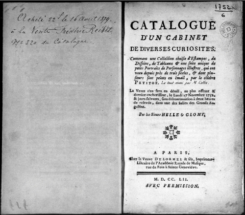Catalogue d'un cabinet de diverses curiosités [...] : [vente du 27 novembre 1752]