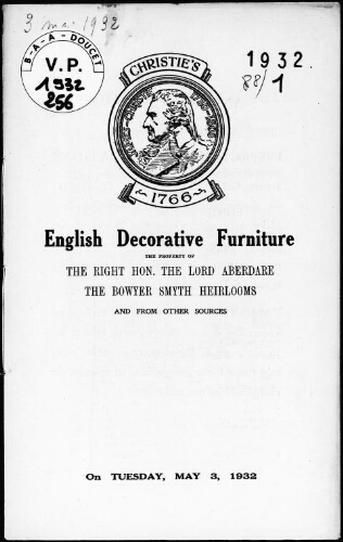 English decorative furniture, the property of the Right Honourable the Lord Aberdare [...] : [vente du 3 mai 1932]