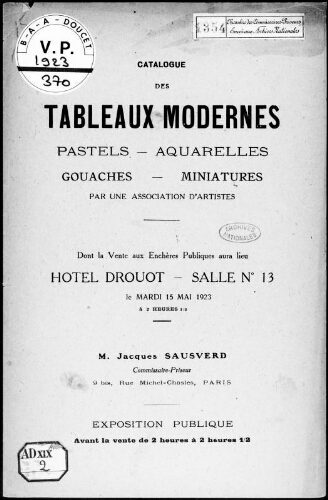 Catalogue des tableaux modernes, pastels, aquarelles, gouaches, miniatures, par une association d'artistes : [vente du 15 mai 1923]