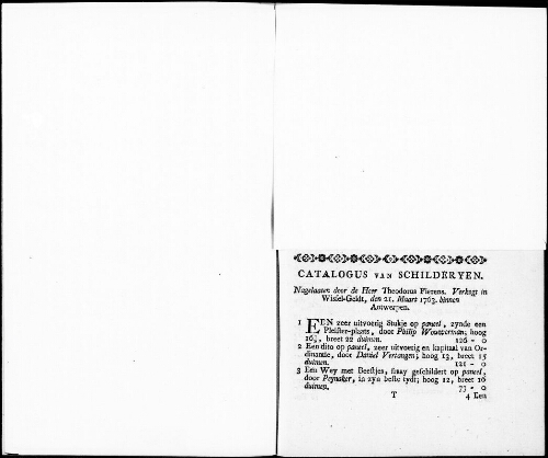 Catalogus van Schilderyen, nagelaaten door de Heer Theodorus Fierens [...] : [vente du 21 mars 1763]