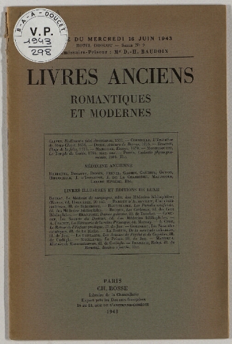 Livres anciens, romantiques et modernes : [vente du 16 juin 1943]