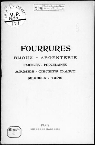 Fourrures, bijoux, argenterie [...] : [vente des 18 et 19 mars 1920]