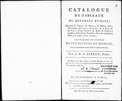 Catalogue de tableaux de diverses écoles, groupes et figures en bronze [...] : [vente du 25 mai 1797]