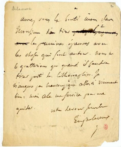 Delacroix, Eugène. Lettre autographe signée non datée à son lithographe