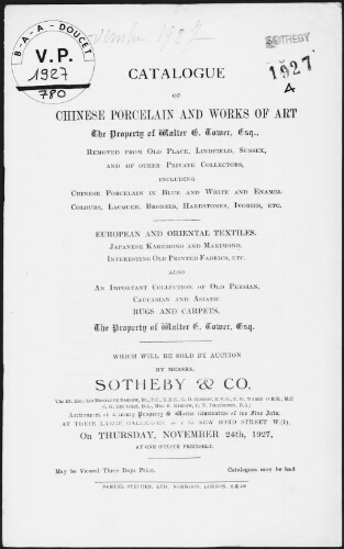 Catalogue of Chinese porcelain and works of art, the property of Walter E. Tower [...] : [vente du 24 novembre 1927]