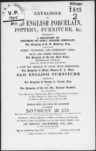 Catalogue of old English porcelain, pottery, furniture, etc. [...], the property of the late E. F. Broderip [...] : [vente du 11 décembre 1925]