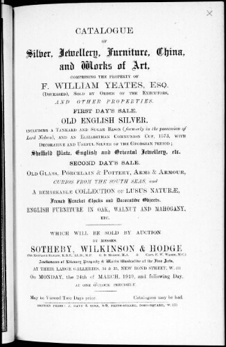Catalogue of silver, jewellery, furniture, China and works of art [...] : [vente du 24 mars 1919]