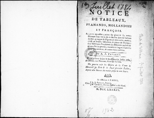Notice de tableaux flamands, hollandais, et français [...] : [vente du 1er juillet 1784]
