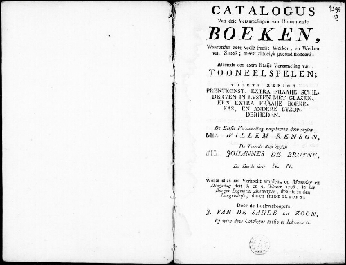 Catalogus van drie verzamelingen van uitmuntende boeken [...] : [vente du 8 octobre 1798]