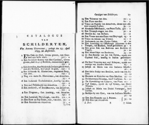 Catalogus van Schilderyen van Antony Hoevenaar [...] : [vente du 15 avril 1693]