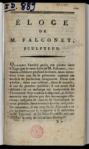 Eloge de M. Falconet, sculpteur