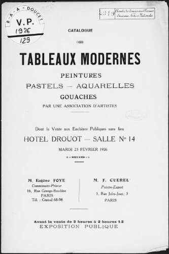 Catalogue des tableaux modernes, peintures, pastels, aquarelles, gouaches, par une association d'artistes [...] : [vente du 23 février 1926]