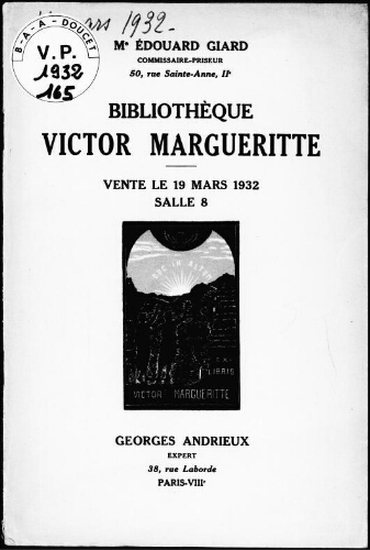 Bibliothèque Victor Margueritte : [vente du 19 mars 1932]