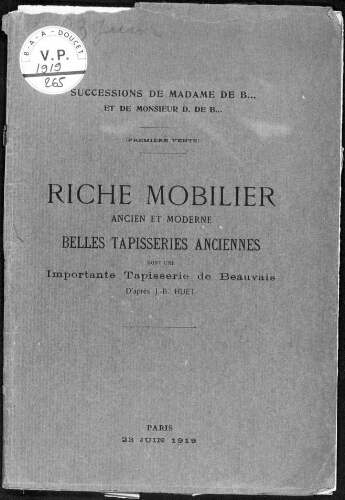Catalogue des beaux meubles anciens et modernes [...] : [vente du 23 juin 1919]