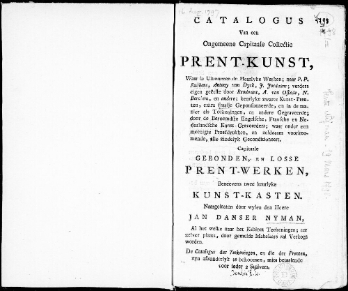 Catalogus van een ongemeene capitaale collectie prent-kunst, waar in uitmunden de Heerlyke werken [...] : [vente du 19 mars 1798]