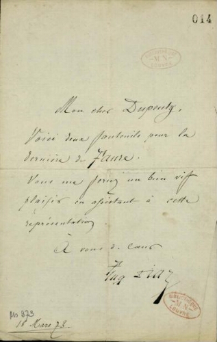 Eugène Diaz. Cinq lettres autographes signées adressées à Adolphe Dupeuty