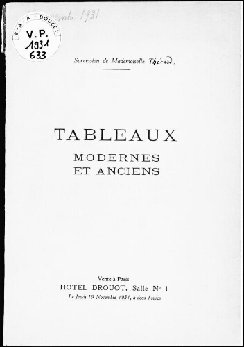 Succession de Mademoiselle T. [Thénard], tableaux modernes et anciens : [vente du 19 novembre 1931]