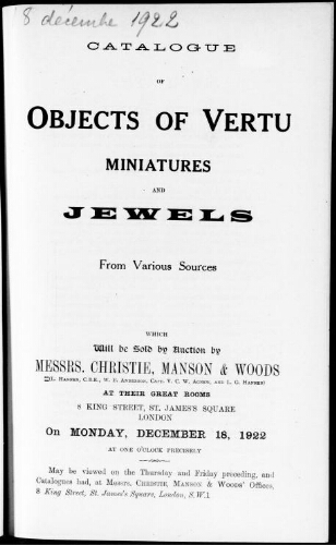Catalogue of objects of vertu, miniatures and jewels from various sources : [vente du 18 décembre 1922]