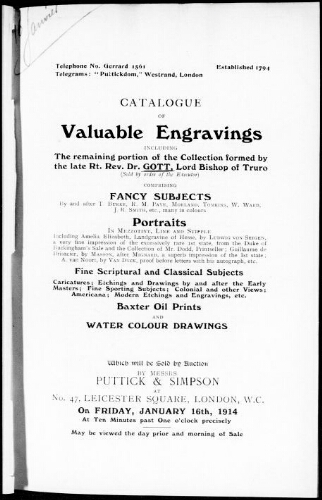 Catalogue of valuable engravings [...] : [vente du 16 janvier 1914]