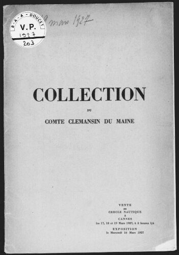 Collection du comte Clémansin du Maine : [vente du 17 au 19 mars 1927]