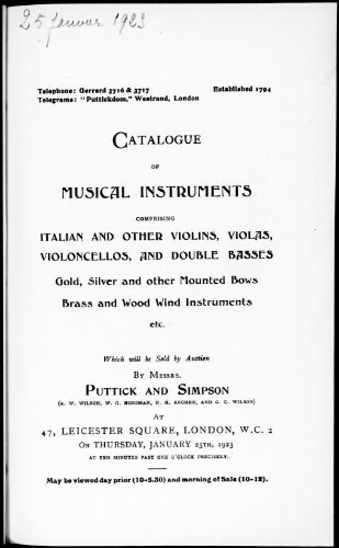 Catalogue of musical instruments comprising Italian and other violins, violas, violoncellos, and double basses [...] : [vente du 25 janvier 1923]