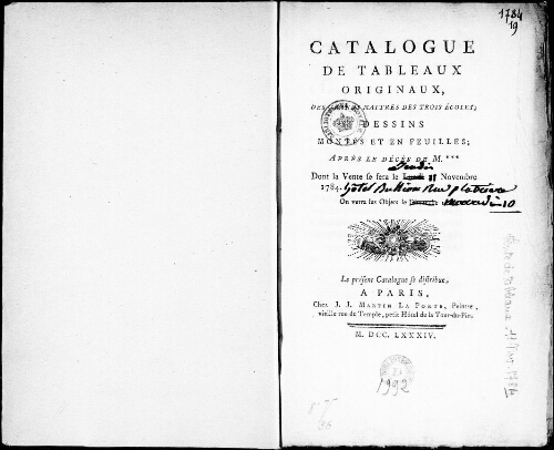 Catalogue de tableaux originaux, des grands maîtres des trois écoles [...] : [vente du 11 novembre 1784]