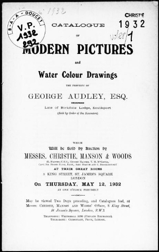 Catalogue of modern pictures and water colour drawings, the property of George Audley [...] : [vente du 12 mai 1932]
