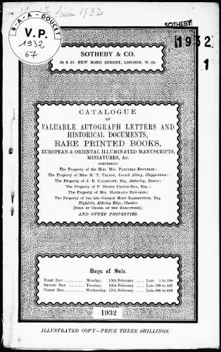Catalogue of valuable autograph letters and historical documents, rare printed books […] : [vente du 15 au 17 février 1932]