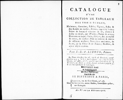 Catalogue d'une collection de tableaux des trois écoles, miniatures, gouaches, pastels [...] : [vente du 5 avril 1797]