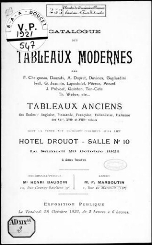 Catalogue des tableaux modernes par F. Chaigneau, Dauzats, A. Duprat [...] : [vente du 29 octobre 1921]