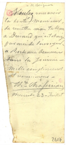 Note de Théodore Chassériau à M. Beugniet