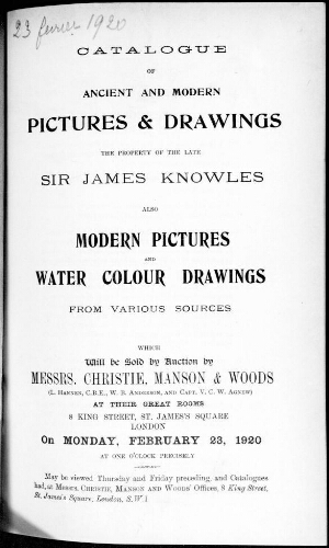 Catalogue of ancient and modern pictures and drawings the property of the late Sir James Knowles [...] : [vente du 23 février 1920]