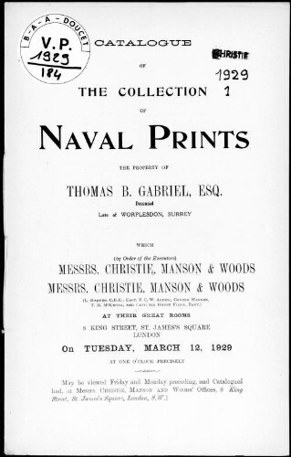 Catalogue of the collection of naval prints, the property of Thomas B. Gabriel, Esq. [...] : [vente du 12 mars 1929]