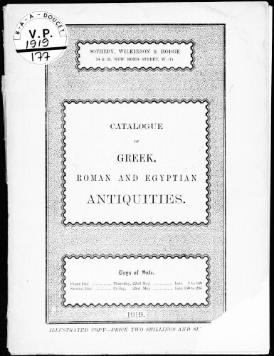 Catalogue of the collection of Greek, Roman and Egyptian antiquities [...] : [vente du 22 mai 1919]