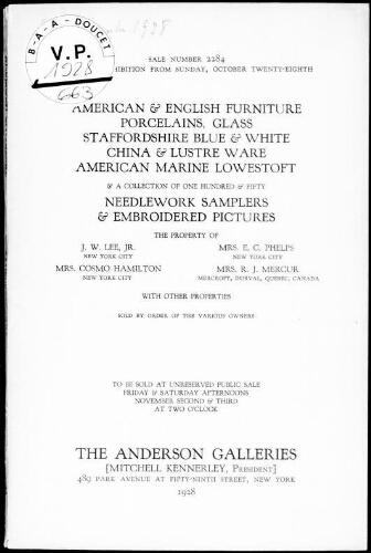 American and English furniture, porcelain, glass [...], the property of J. W. Lee, Jr. [...] : [vente des 2 et 3 novembre 1928]