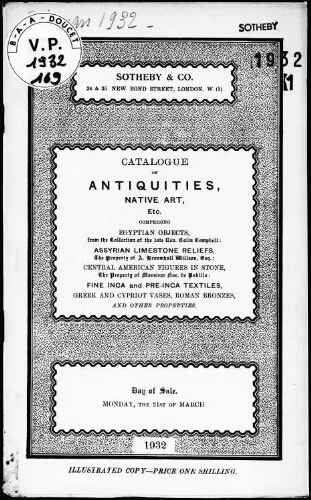 Catalogue of antiquities, native art, etc., comprising Egyptian objects, from the collection of the late Reverend Colin Campbell [...] : [vente du 21 mars 1932]