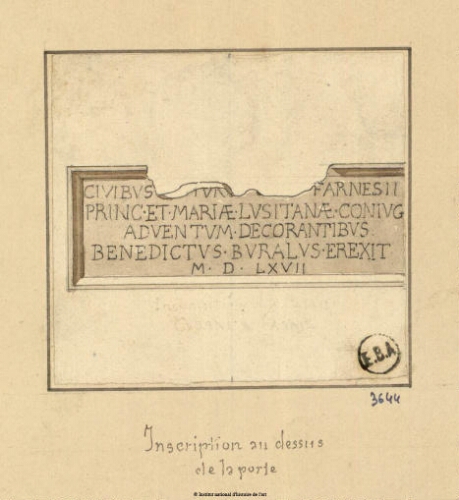 Inscription au-dessus de la porte [Palais Cusani à Parme]