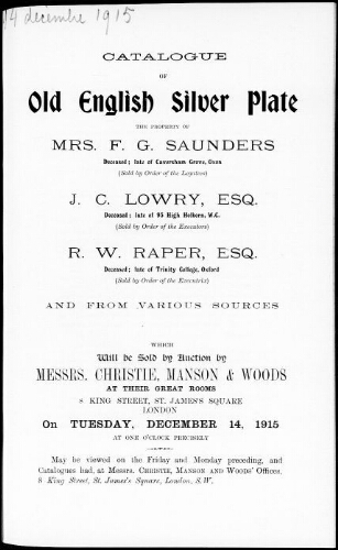 Catalogue of old English silver plate […] : [vente du 14 décembre 1915]